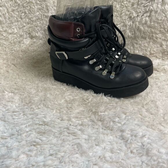 Steve Madden  Black Leather lace up wedge Boots brown trims side zipper … - Picture 6 of 14